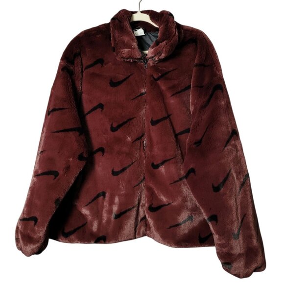 Nike Womens Burgundy Faux Fur Plush All Over Swoosh Print Jacket XXL - Picture 1 of 9